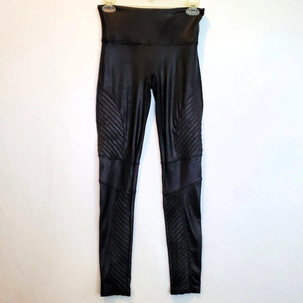 Spanx Women's Leggings High Sculpt Waist Stretch M Black Faux Leather Moto Biker